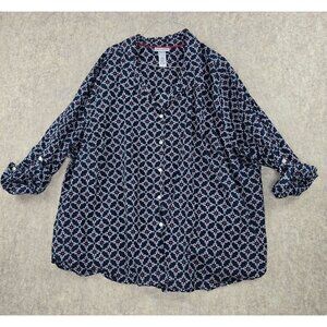 Catherines Womens Button-Down Shirt Navy Blue White Red 4X 100% Cotton Pattern